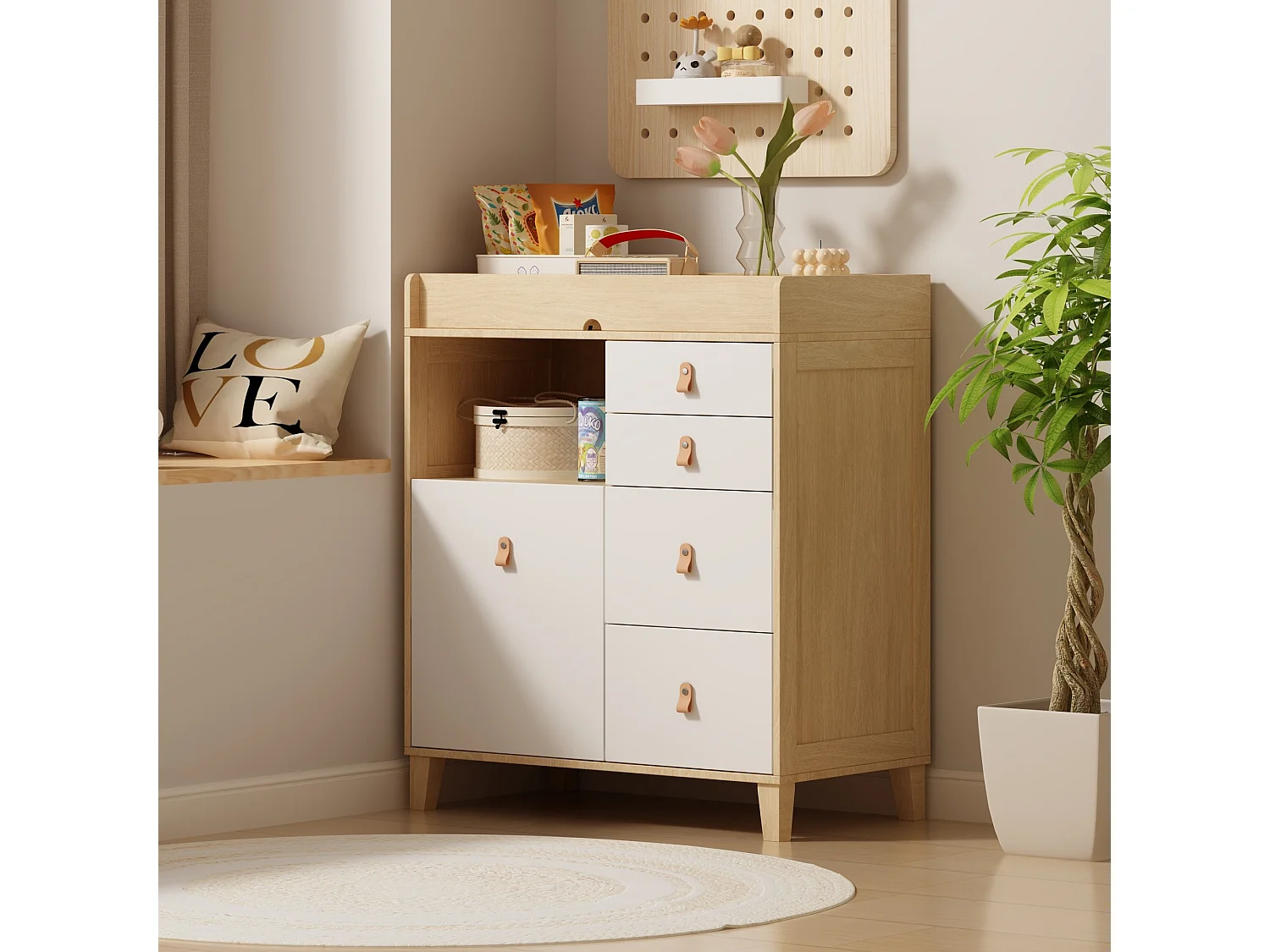 Commode à langer Meuble à langer avec 5 tiroirs Compariment ouverts Chambre bébé 85x46x99cm façade Blanc