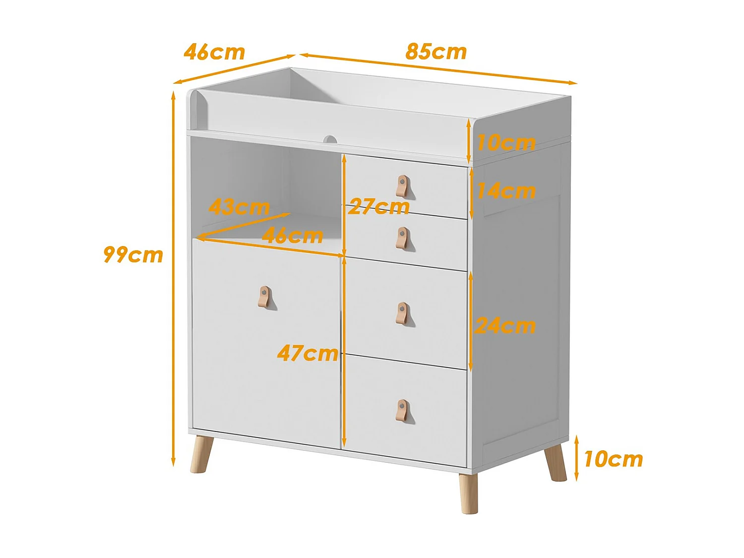 Commode à langer Meuble à langer avec 5 tiroirs Compariment ouverts Chambre bébé 85x46x99cm façade Blanc