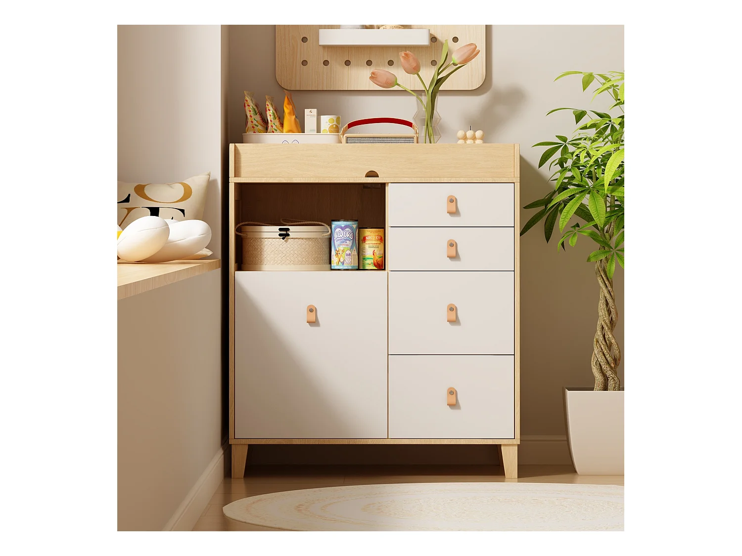 babycommode,commode met 5 laden,open vakken,babykamer,85x46x99cm,wit front