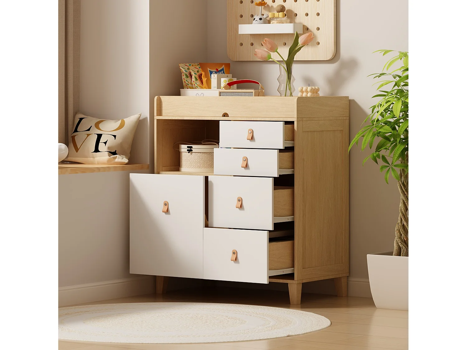 babycommode,commode met 5 laden,open vakken,babykamer,85x46x99cm,wit front