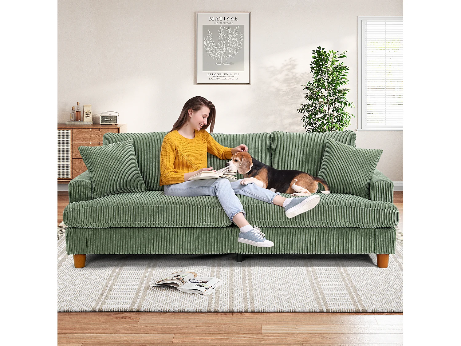 Canapé en Velours Côtelé 3 Places,Grand Canapé Droit Rembourré Moderne avec Sièges extra profonds de 53cm - 2 Coussins - 220x76x84cm - Vert