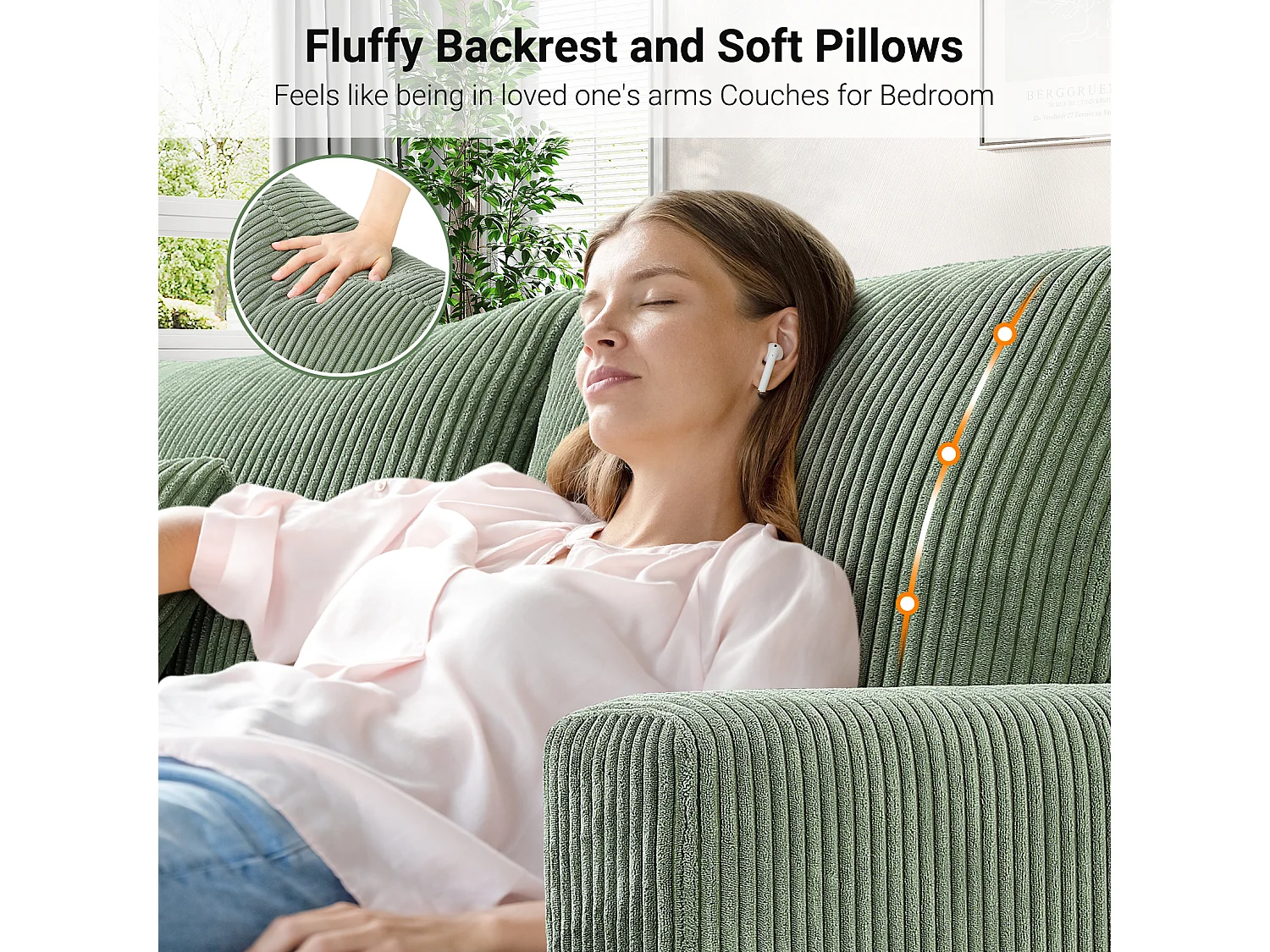 Canapé en Velours Côtelé 3 Places,Grand Canapé Droit Rembourré Moderne avec Sièges extra profonds de 53cm - 2 Coussins - 220x76x84cm - Vert