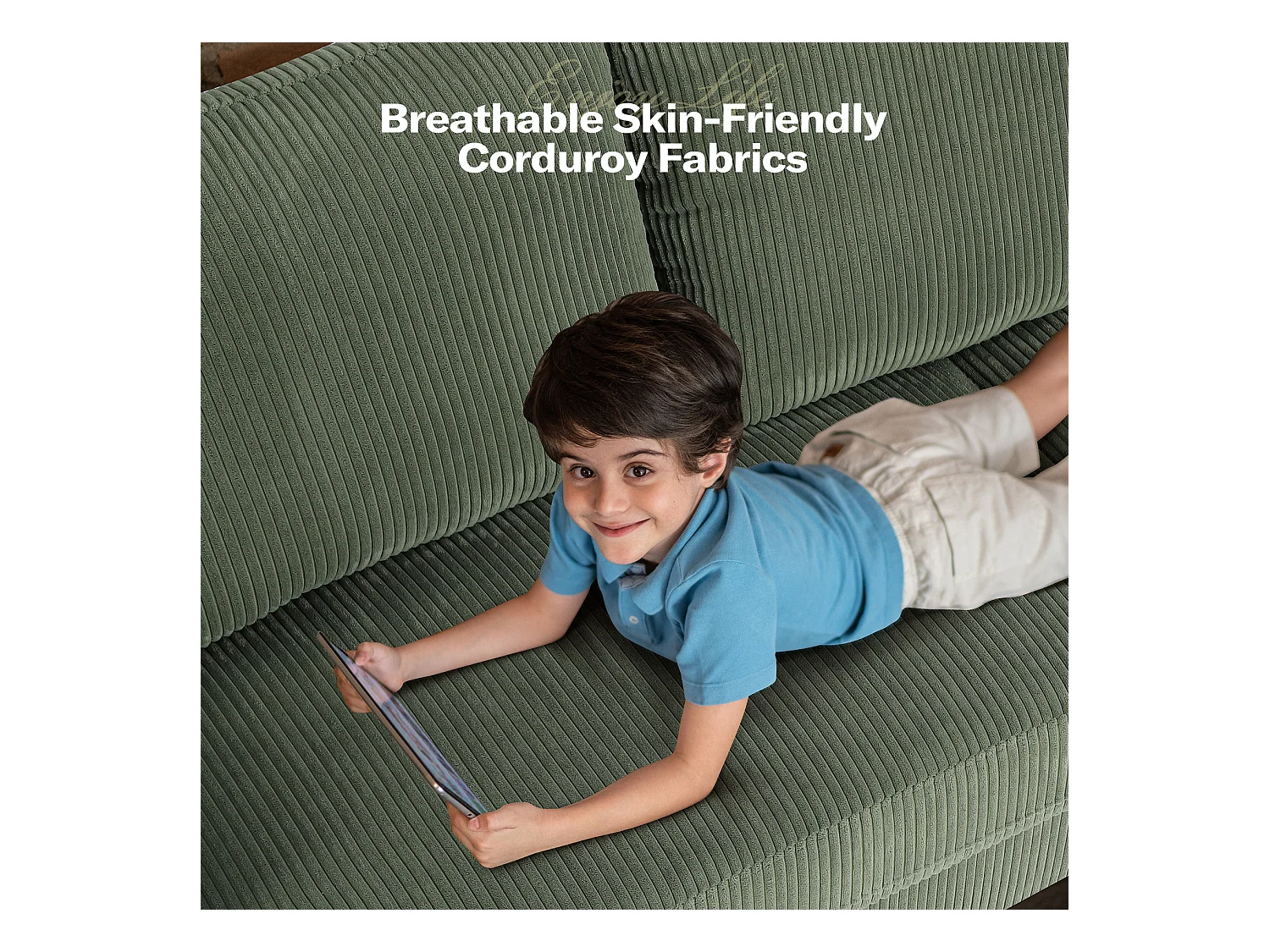 Canapé en Velours Côtelé 3 Places,Grand Canapé Droit Rembourré Moderne avec Sièges extra profonds de 53cm - 2 Coussins - 220x76x84cm - Vert