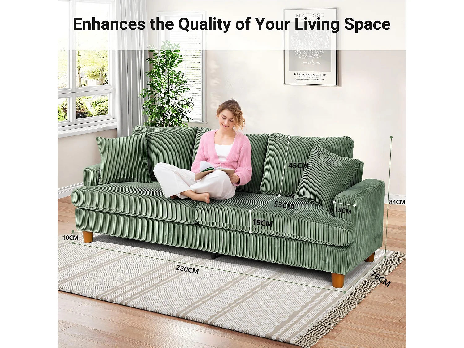 Canapé en Velours Côtelé 3 Places,Grand Canapé Droit Rembourré Moderne avec Sièges extra profonds de 53cm - 2 Coussins - 220x76x84cm - Vert