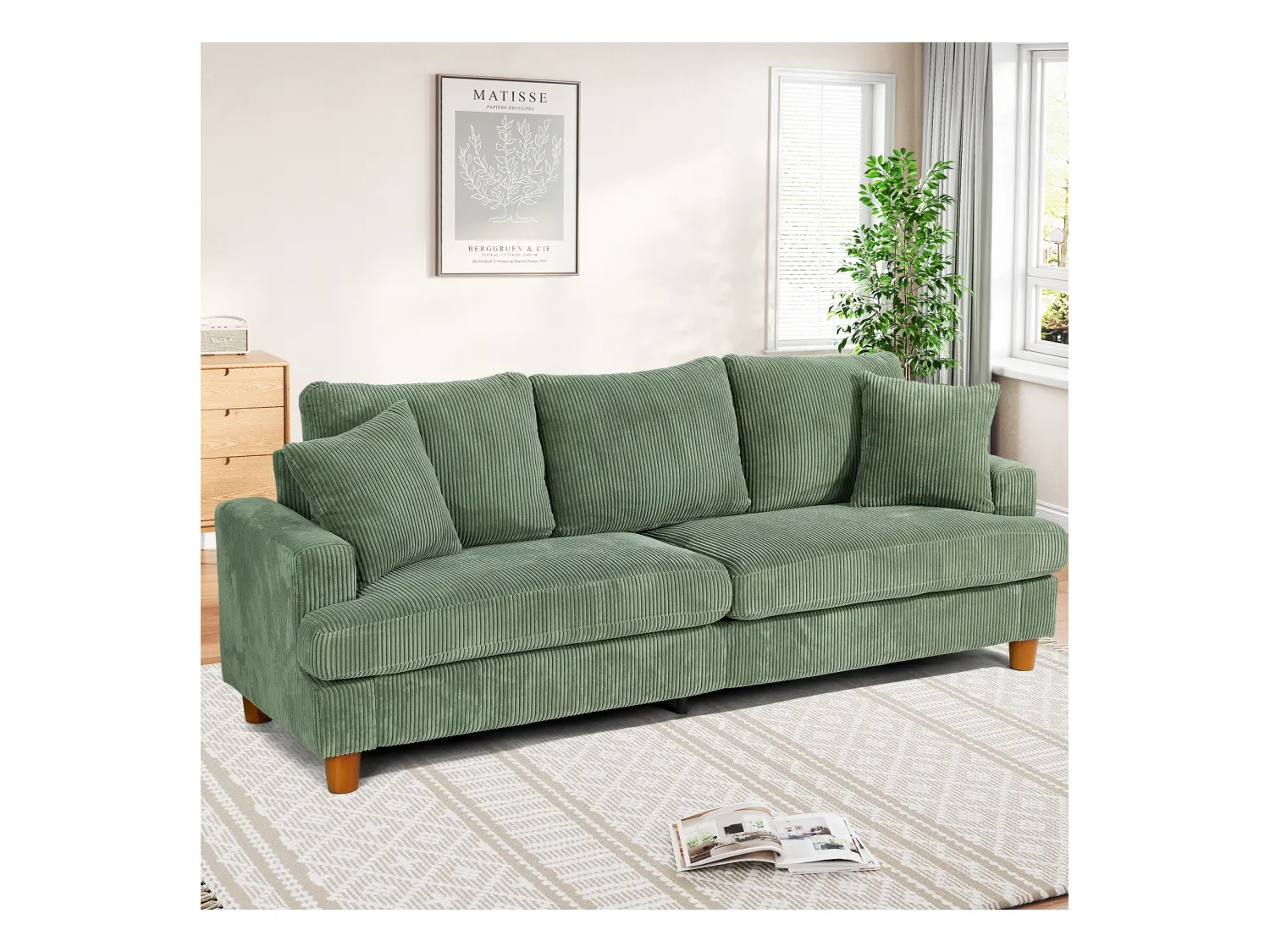 3 -seerer gerippte Samtsofa, große moderne gepolsterte rechte Sofa mit zusätzlichen tiefen Sitzen von 53 cm - 2 Kissen - 220x76x84cm - Grün