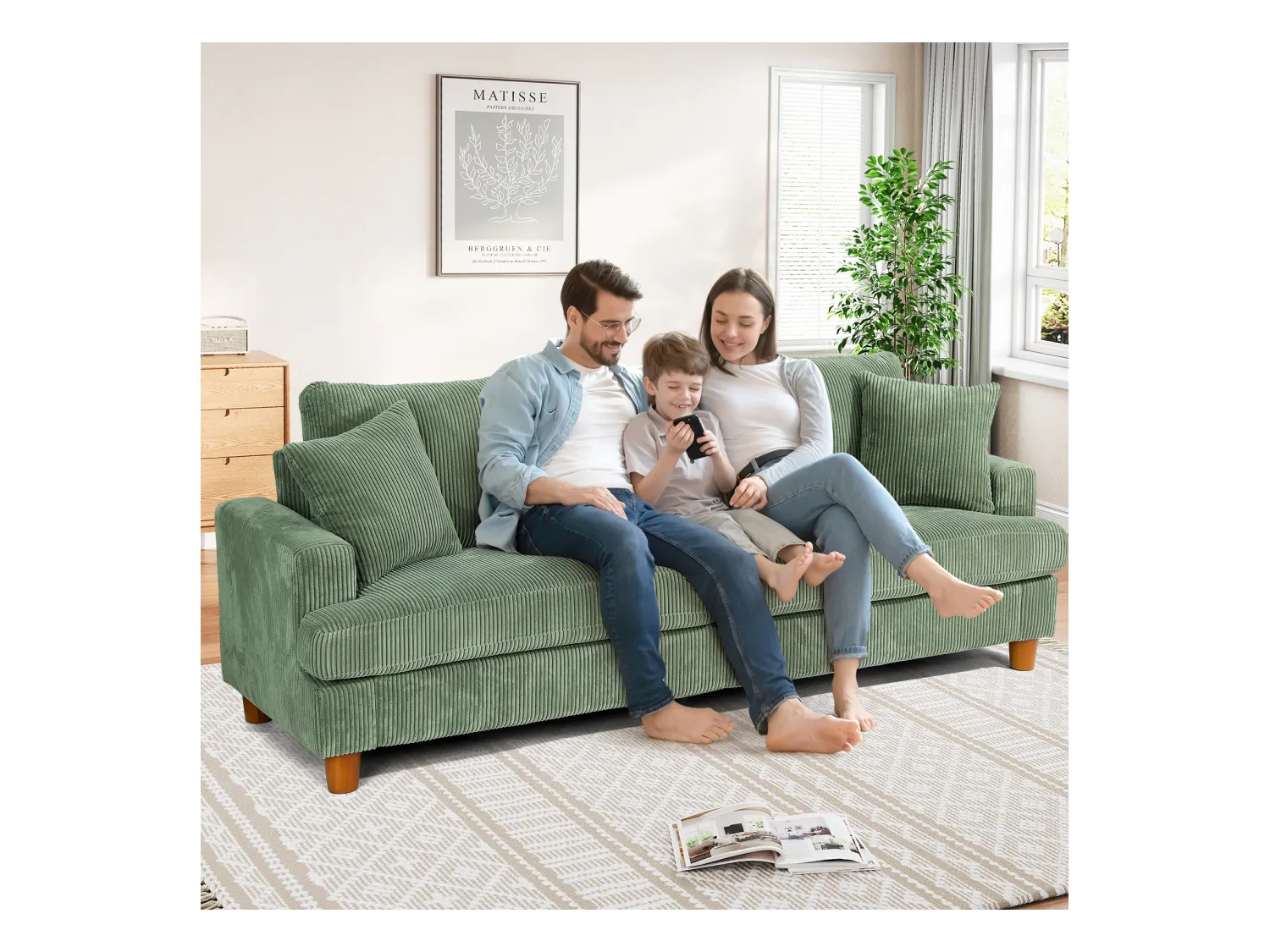 3-zitsbank van corduroy, moderne grote gestoffeerde rechte bank met extra diepe zitplaatsen van 53 cm - 2 kussens - 220x76x84cm - groen