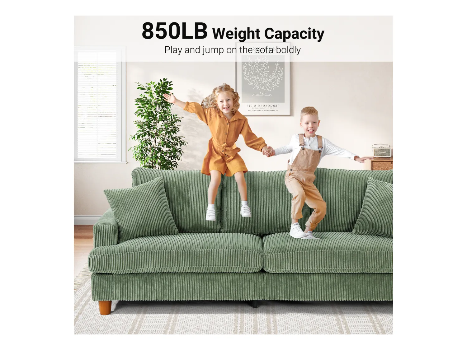 3-zitsbank van corduroy, moderne grote gestoffeerde rechte bank met extra diepe zitplaatsen van 53 cm - 2 kussens - 220x76x84cm - groen