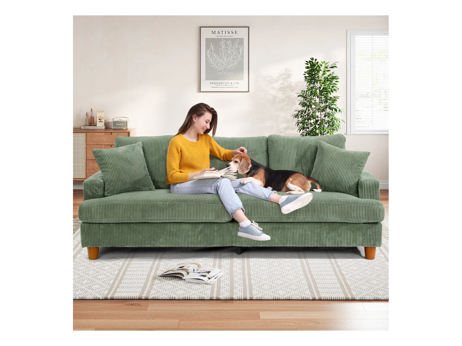 3-zitsbank van corduroy, moderne grote gestoffeerde rechte bank met extra diepe zitplaatsen van 53 cm - 2 kussens - 220x76x84cm - groen