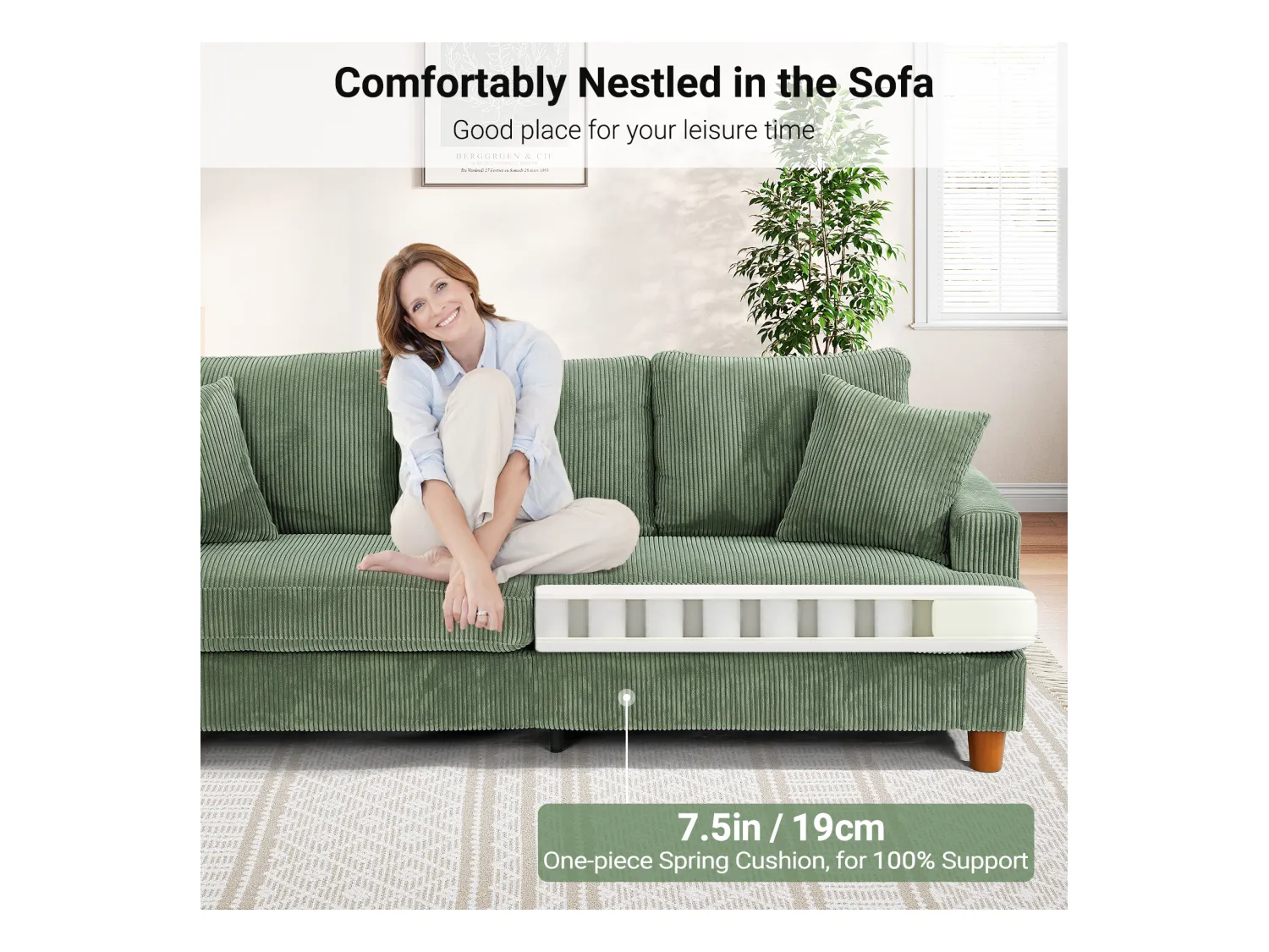 3-zitsbank van corduroy, moderne grote gestoffeerde rechte bank met extra diepe zitplaatsen van 53 cm - 2 kussens - 220x76x84cm - groen