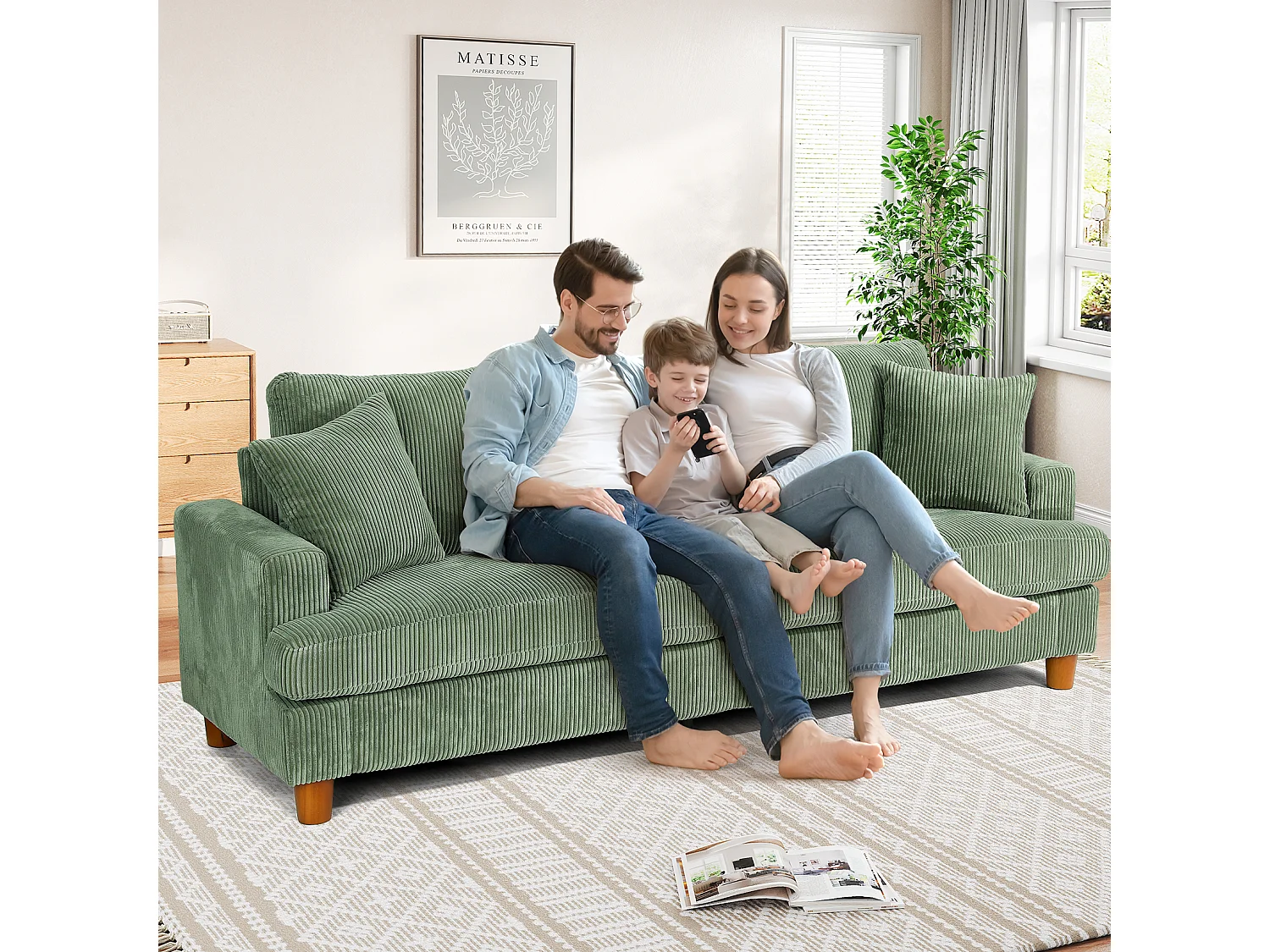 3-zitsbank van corduroy, moderne grote gestoffeerde rechte bank met extra diepe zitplaatsen van 53 cm - 2 kussens - 220x76x84cm - groen