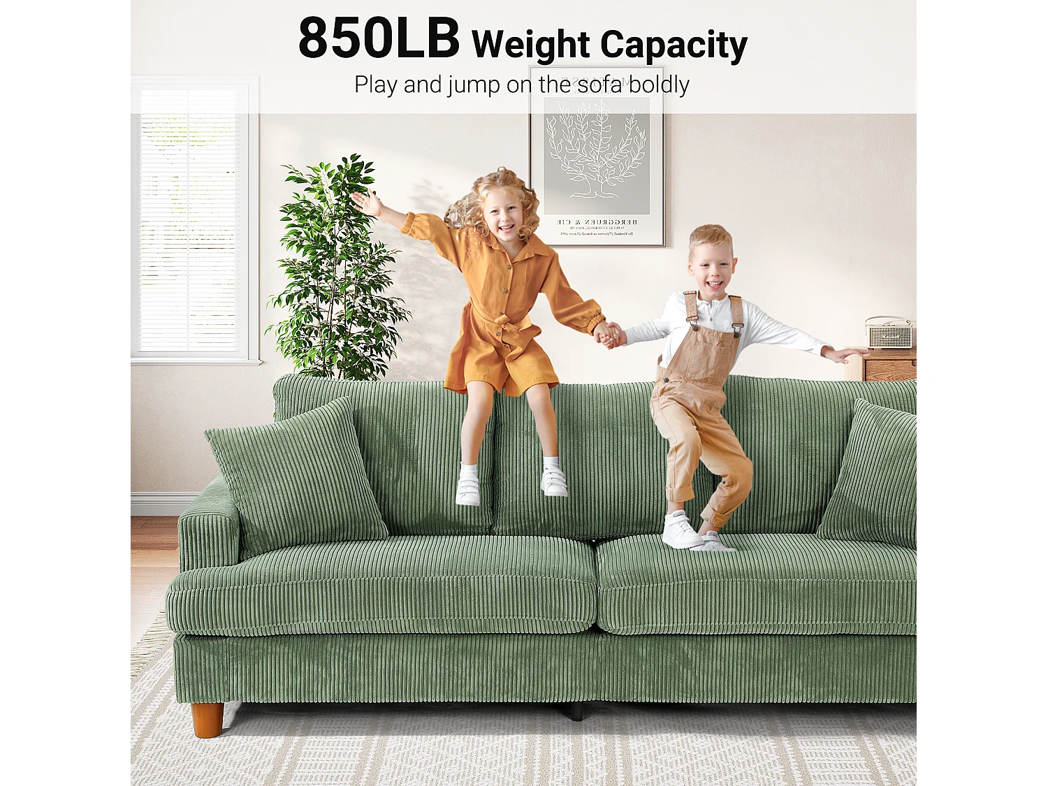 3-zitsbank van corduroy, moderne grote gestoffeerde rechte bank met extra diepe zitplaatsen van 53 cm - 2 kussens - 220x76x84cm - groen