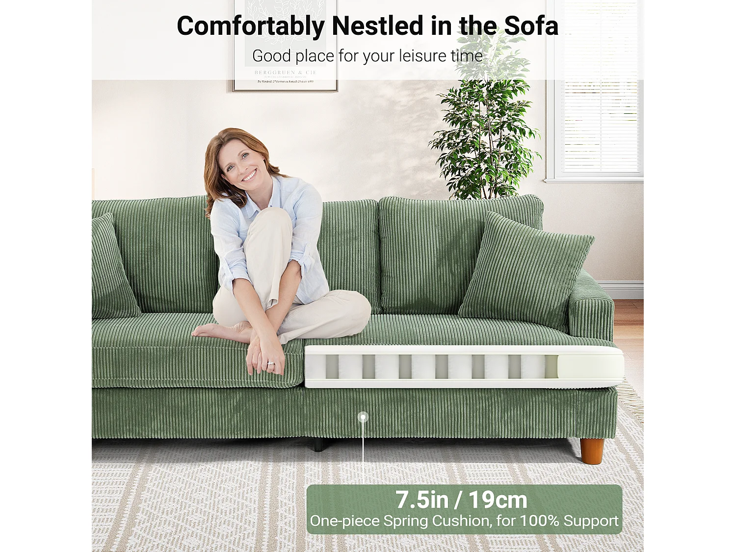 3-zitsbank van corduroy, moderne grote gestoffeerde rechte bank met extra diepe zitplaatsen van 53 cm - 2 kussens - 220x76x84cm - groen