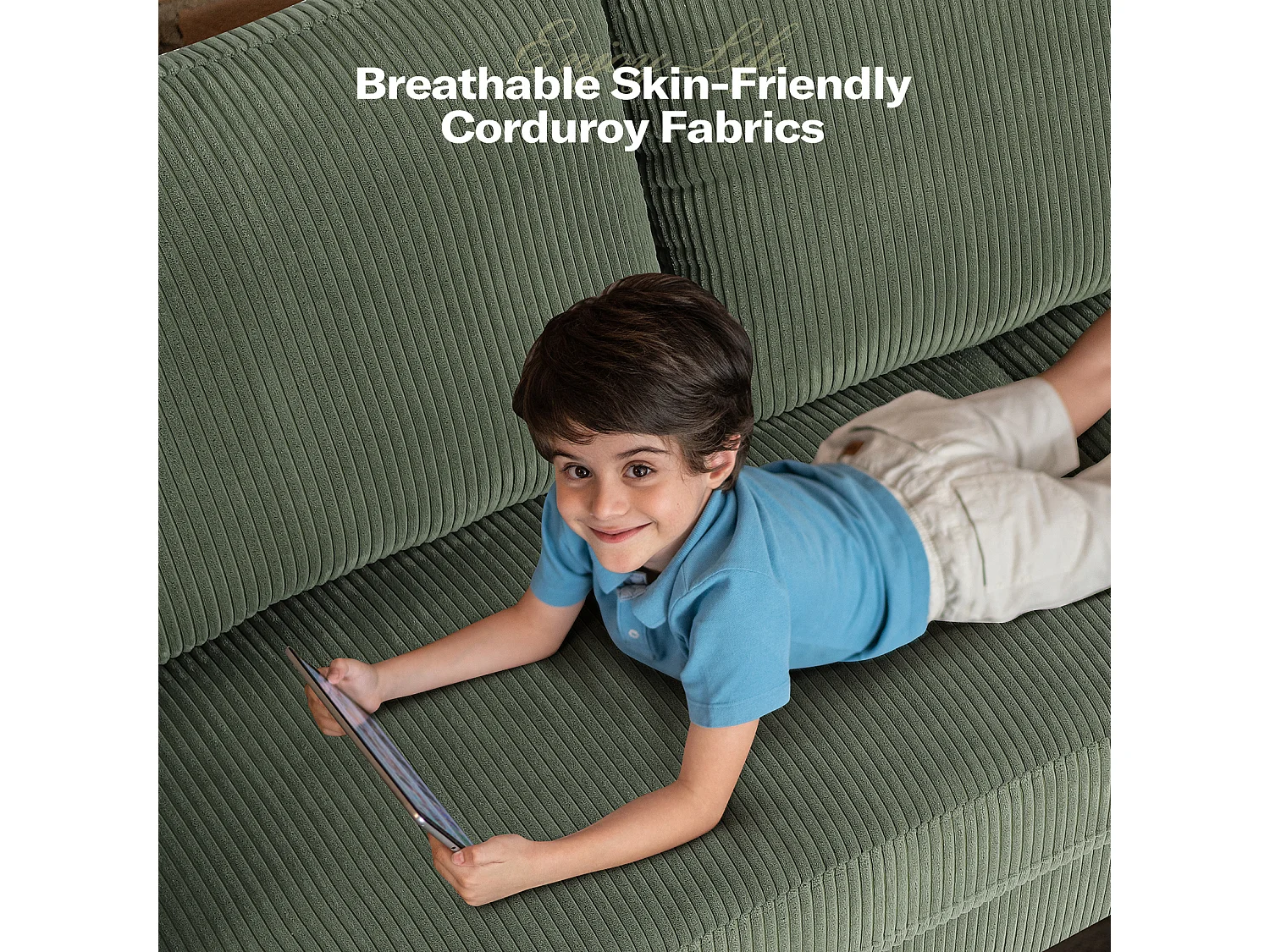 3-zitsbank van corduroy, moderne grote gestoffeerde rechte bank met extra diepe zitplaatsen van 53 cm - 2 kussens - 220x76x84cm - groen