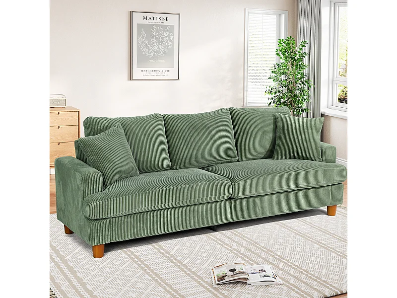 Divano in velluto a costine da 3 a neater, divano destro imbottito moderno moderno con sedili extra profondi di 53 cm - 2 cuscini - 220x76x84cm - verde