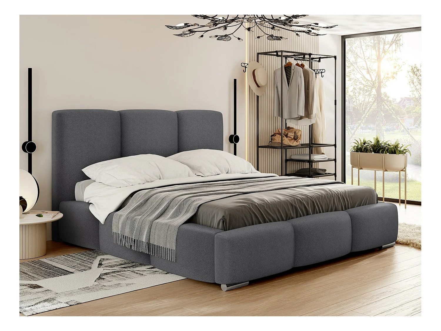 Lit Comfivo 383, Double, Gris, 140x200, Tapisserie, Sommier à lattes, 160x222x112cm