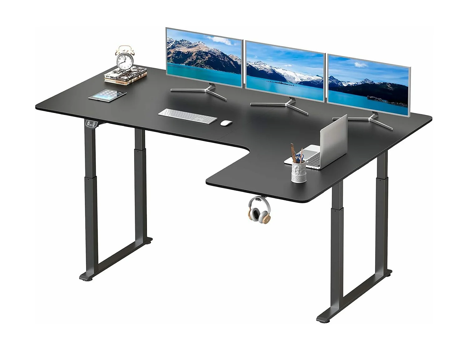 Bureau Assis Debout électrique réglable en hauteur,Bureau en L à 2 moteurs,Bureau d’angle,Panneau,Super stabilité,180x110x72-117cm,Moderne,Noir