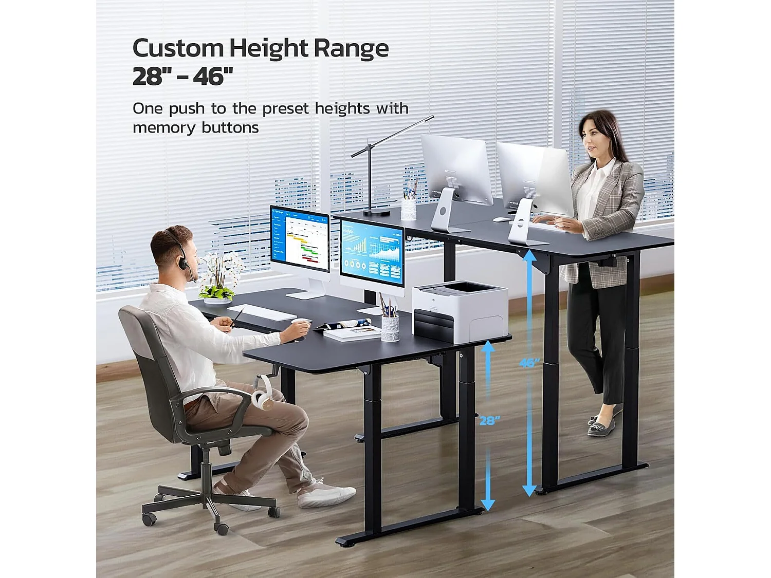 Bureau Assis Debout électrique réglable en hauteur,Bureau en L à 2 moteurs,Bureau d’angle,Panneau,Super stabilité,180x110x72-117cm,Moderne,Noir