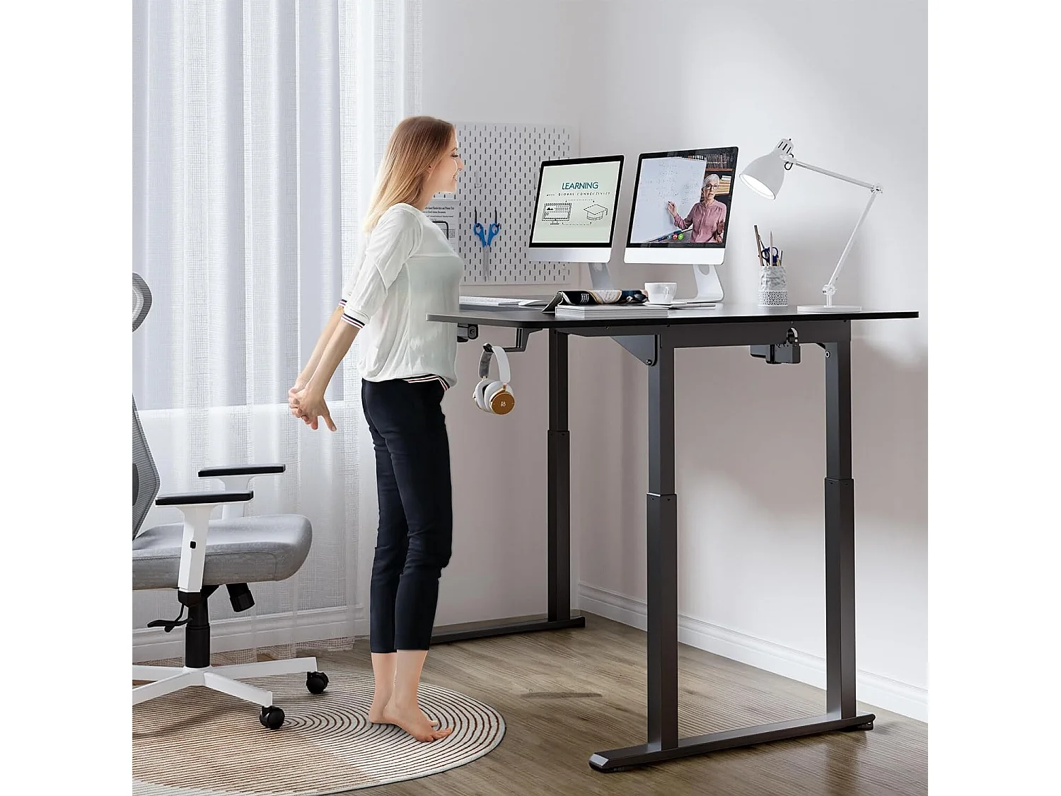 Bureau Assis Debout électrique réglable en hauteur,Bureau en L à 2 moteurs,Bureau d’angle,Panneau,Super stabilité,180x110x72-117cm,Moderne,Noir