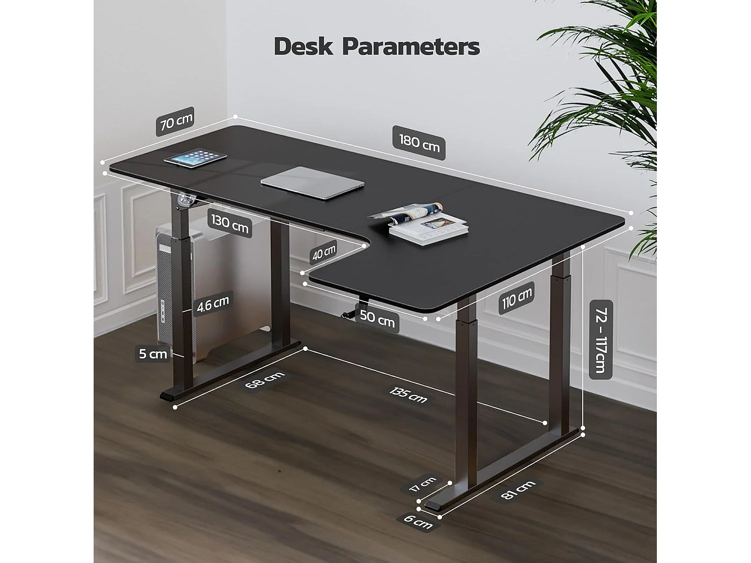 Bureau Assis Debout électrique réglable en hauteur,Bureau en L à 2 moteurs,Bureau d’angle,Panneau,Super stabilité,180x110x72-117cm,Moderne,Noir