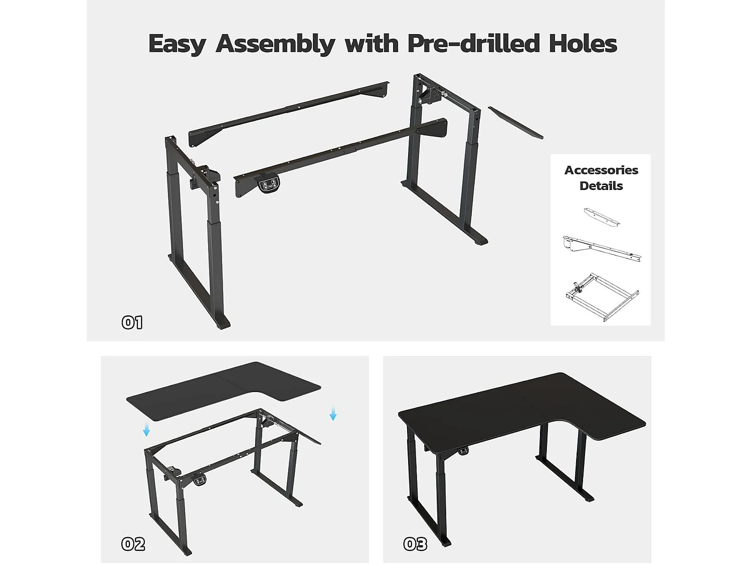 Bureau Assis Debout électrique réglable en hauteur,Bureau en L à 2 moteurs,Bureau d’angle,Panneau,Super stabilité,180x110x72-117cm,Moderne,Noir
