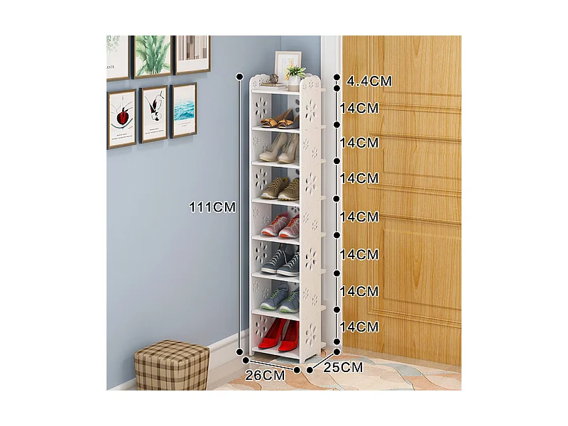 Schuhschrank 8 Plastik -Holzwerte, Schuhspeicherregal, 26x25x111cm, weiß