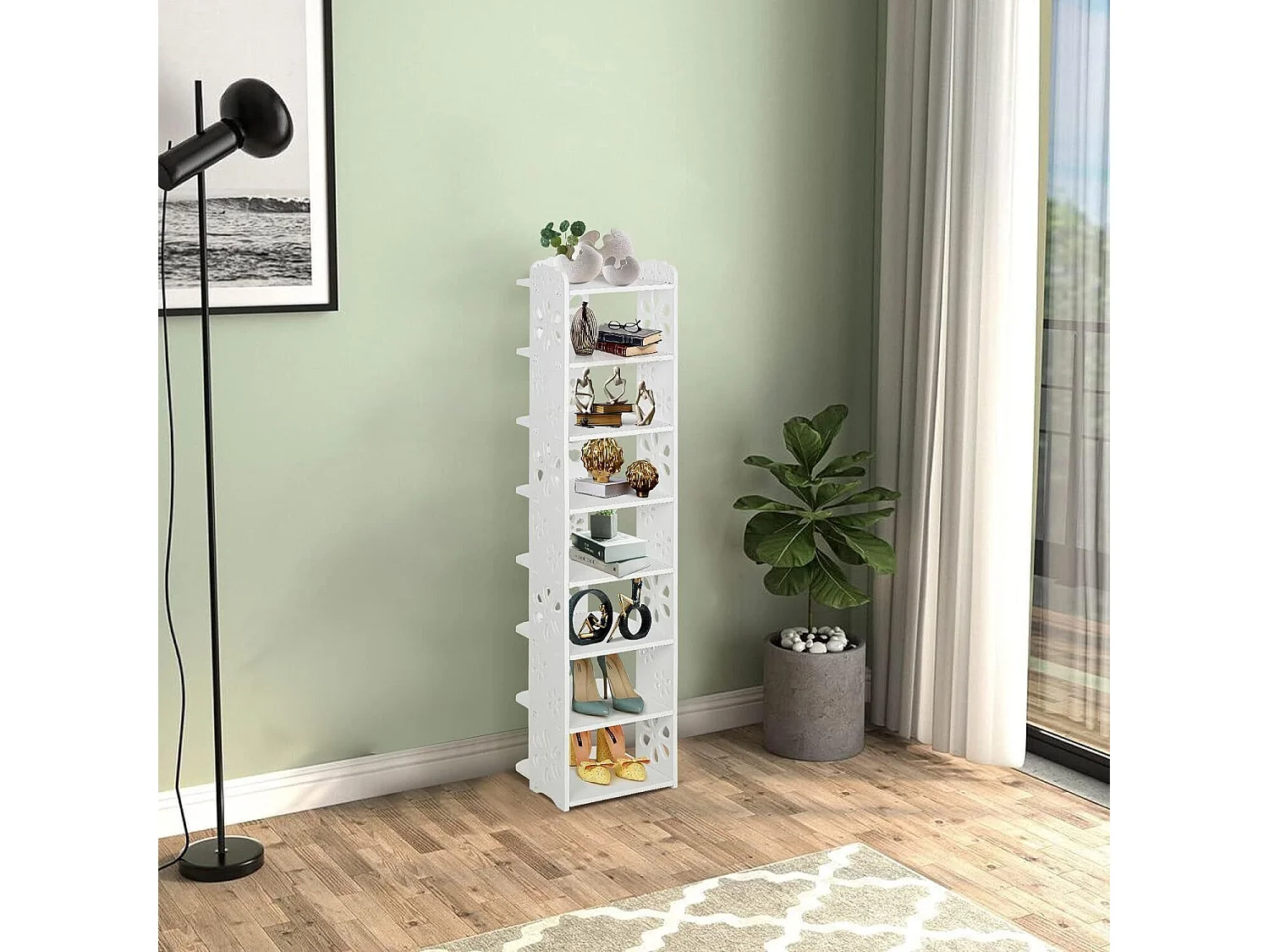 Gabinete de zapato 8 Niveles de madera de plástico, estante de almacenamiento de zapatos, 26x25x111cm, blanco