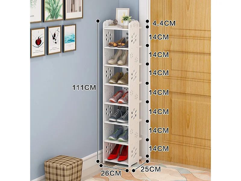 Gabinete de zapato 8 Niveles de madera de plástico, estante de almacenamiento de zapatos, 26x25x111cm, blanco