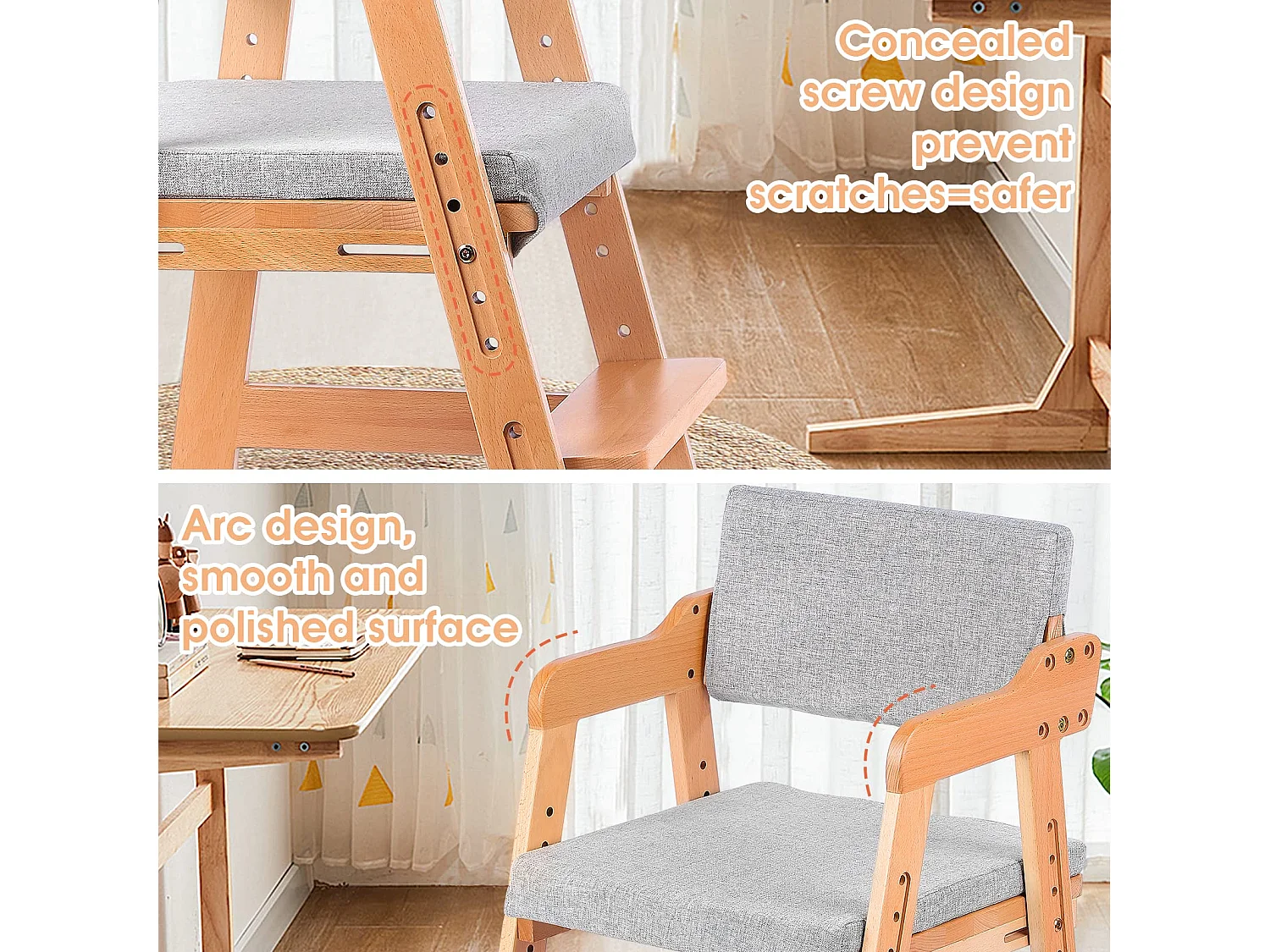 Silla alta de madera de color alta de bebé, 6 alturas ajustables, cojines extraíbles lavables, silla infantil estable sólida multifunción, marrón transparente