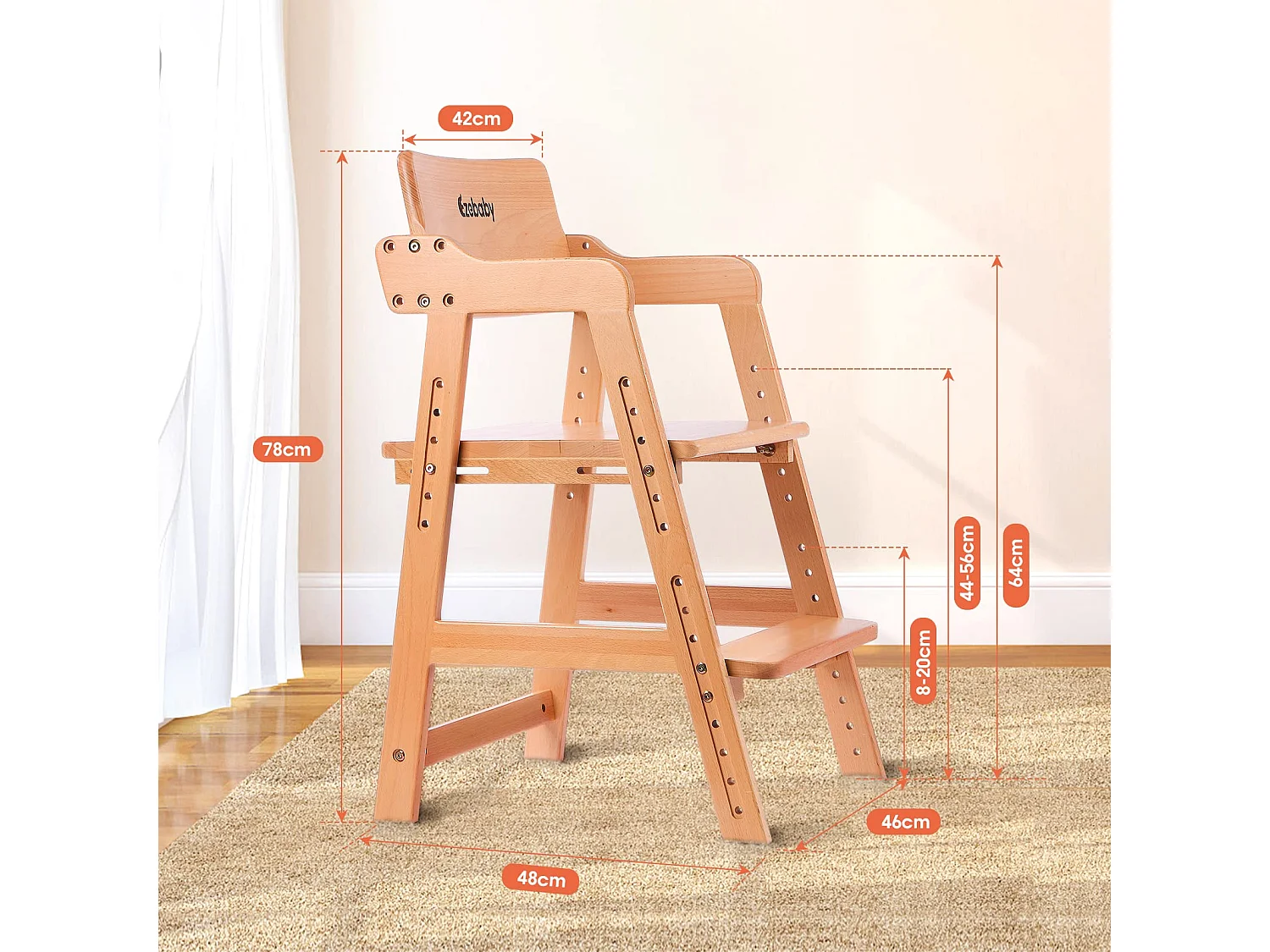 Silla alta de madera de color alta de bebé, 6 alturas ajustables, cojines extraíbles lavables, silla infantil estable sólida multifunción, marrón transparente