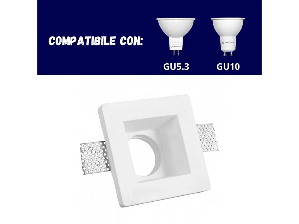 Portalámparas empotrable cuadrado blanco en escayola 120x120x60 mm para LED GU10 y GU5.3