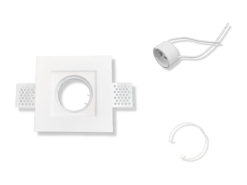 Support spot encastrable carré en plâtre blanc 100x100x30 mm pour LED GU10 et GU5.3