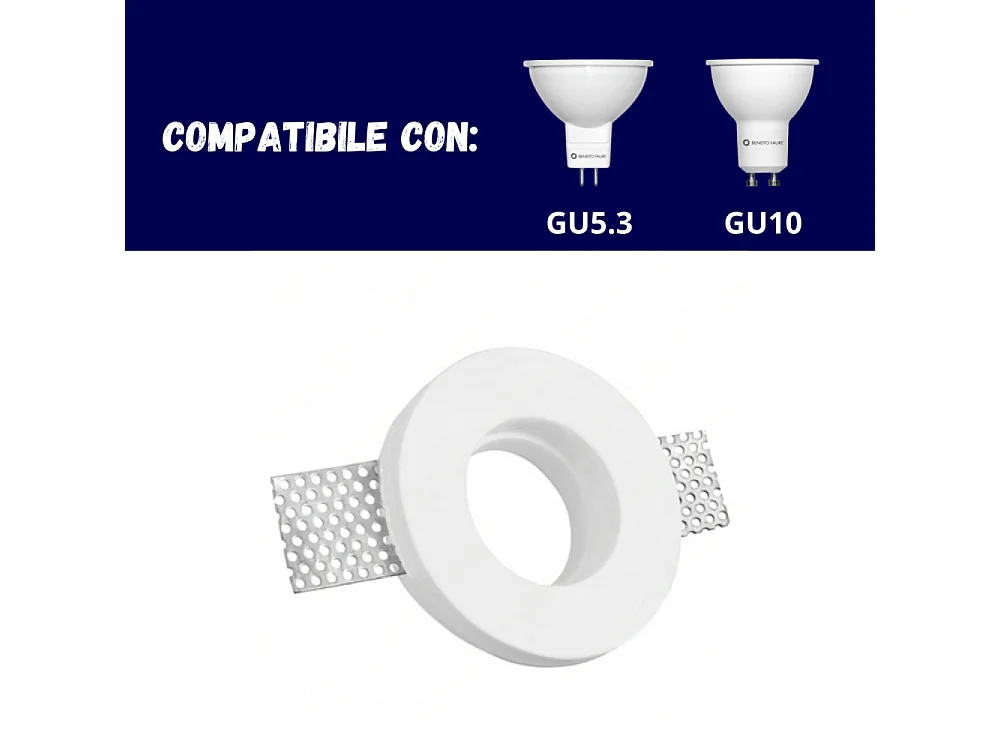 Portalámparas empotrable redondo en yeso blanco ø100x30 mm para LED GU10 y GU5.3