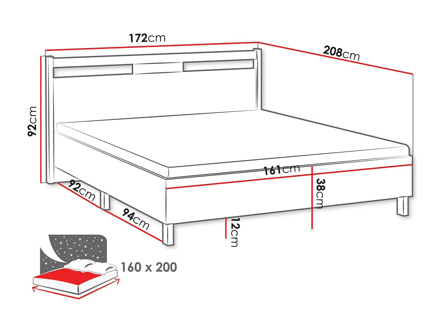 Lit Venmelu 106, Double, Vert, 160x200, Bois|Stratifié, Disponible, 172x208x92cm