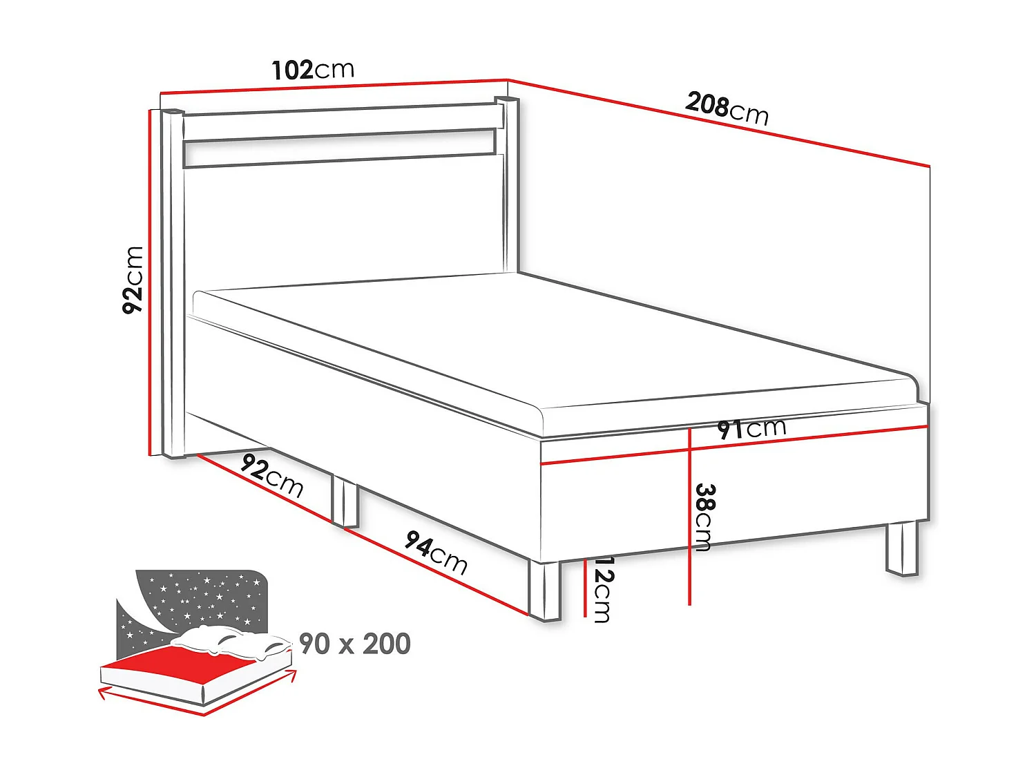 Lit Venmelu 107, Unique, Brun clair, 90x200, Bois|Stratifié, Disponible, 102x208x92cm