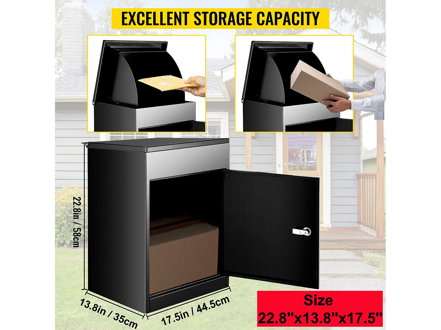 Pakketdoos/brievenbus gegalvaniseerd staal met veiligheidsklep, cilinderslot, thuisgebruik postpakket school-44,5x35x58cm, zwart