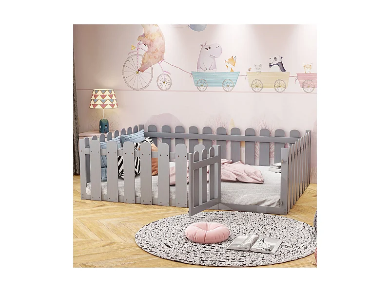 Lit d'enfant 140 x 200cm, cadre de lit en bois avec bordure et porte, Gris