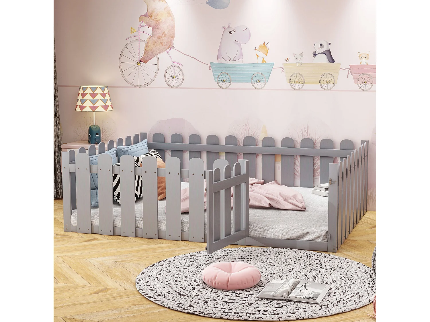 Kinderbed 140 x 200cm, houten frame met rand en deur, Grijs