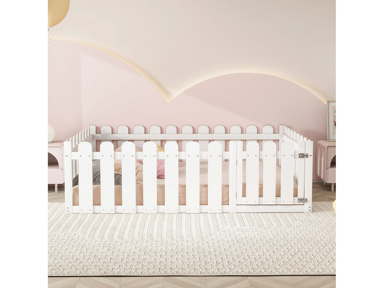 Lit d'enfant 140 x 200cm, cadre de lit en bois avec bordure et porte, blanc