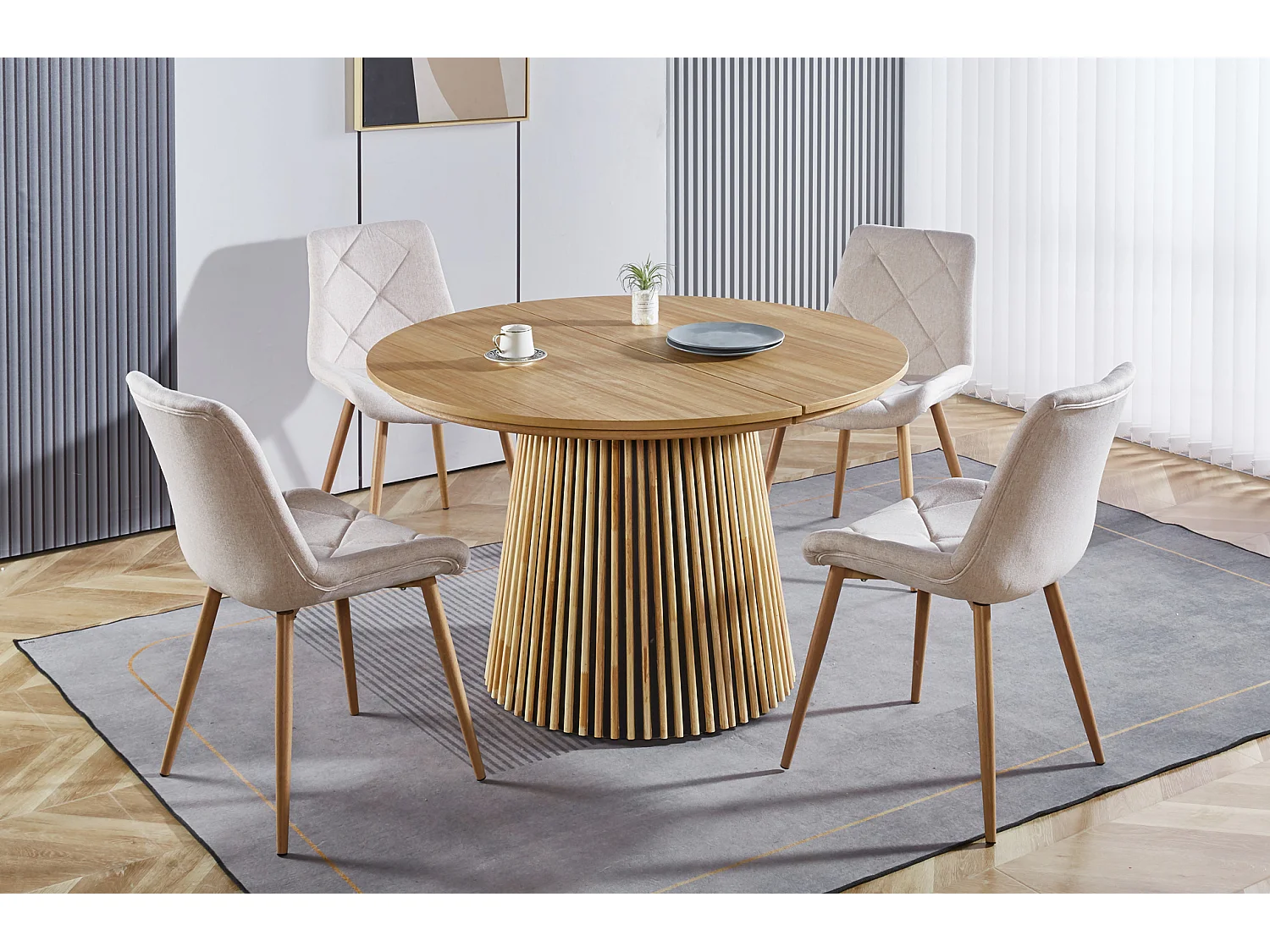 Table à manger ronde extensible en MDF et panneau mélamine coloris chêne  - diamètre 120-200  x hauteur 75 cm