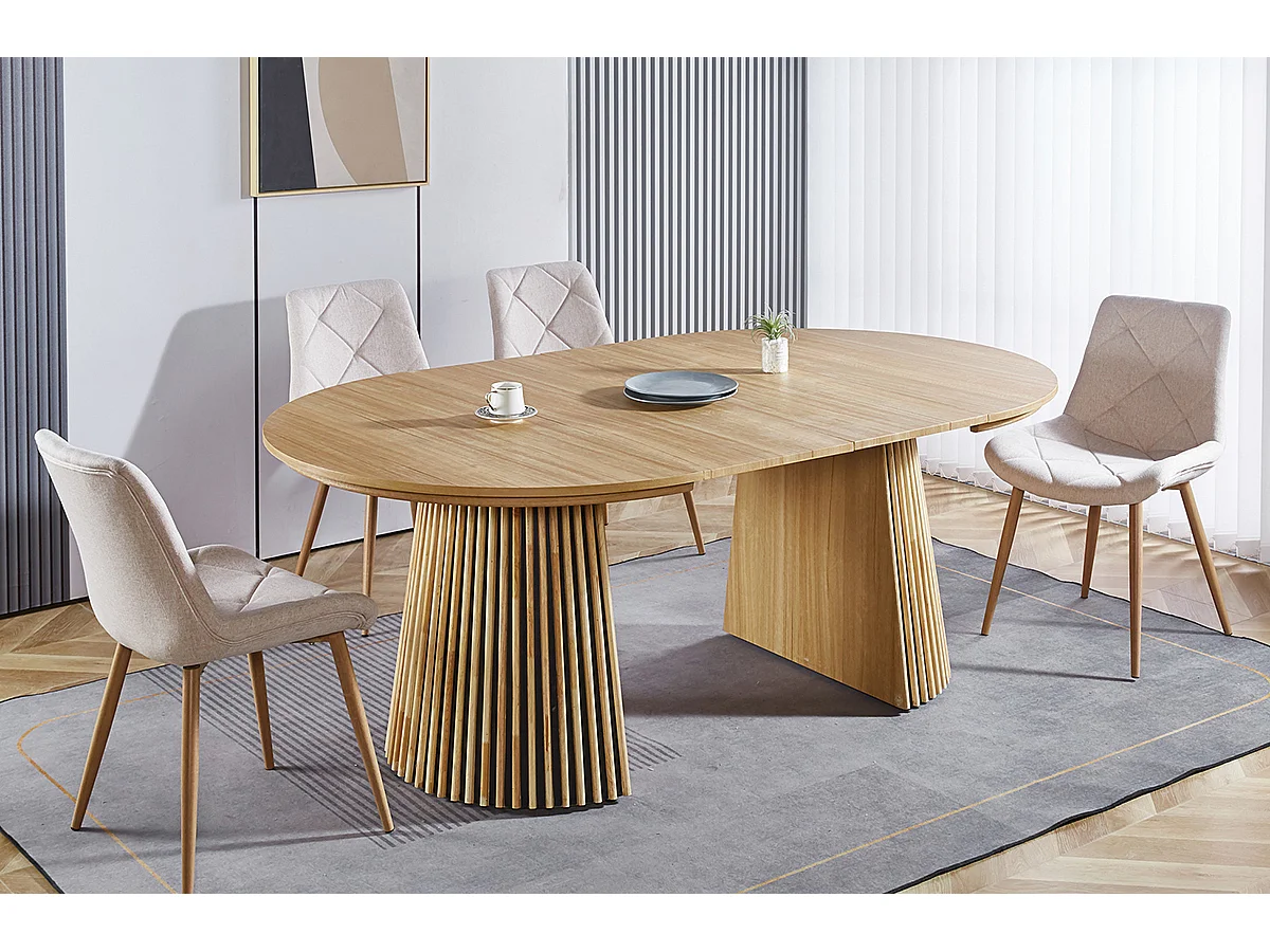 Table à manger ronde extensible en MDF et panneau mélamine coloris chêne  - diamètre 120-200  x hauteur 75 cm