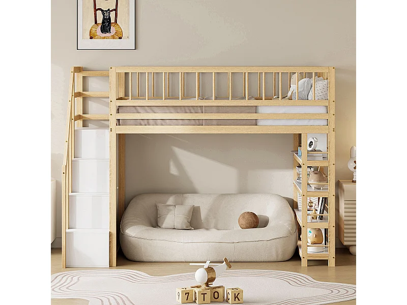 Lit superposé pour enfants 90 x 200, barrières hautes, avec armoire, échelle de sécurité, couleur bois d'origine