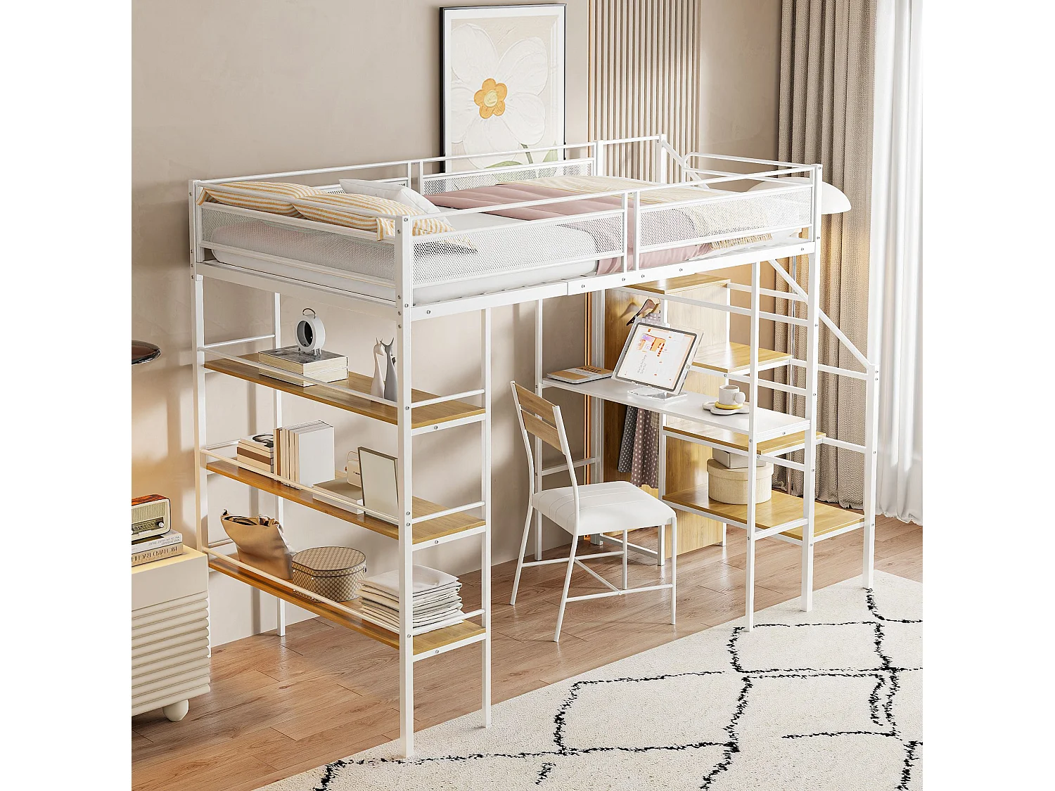 Lit d'enfant 90*200 cm, trois étagères de rangement, bureau, armoire, avec marchepieds de sécurité, barrière haute, blanc