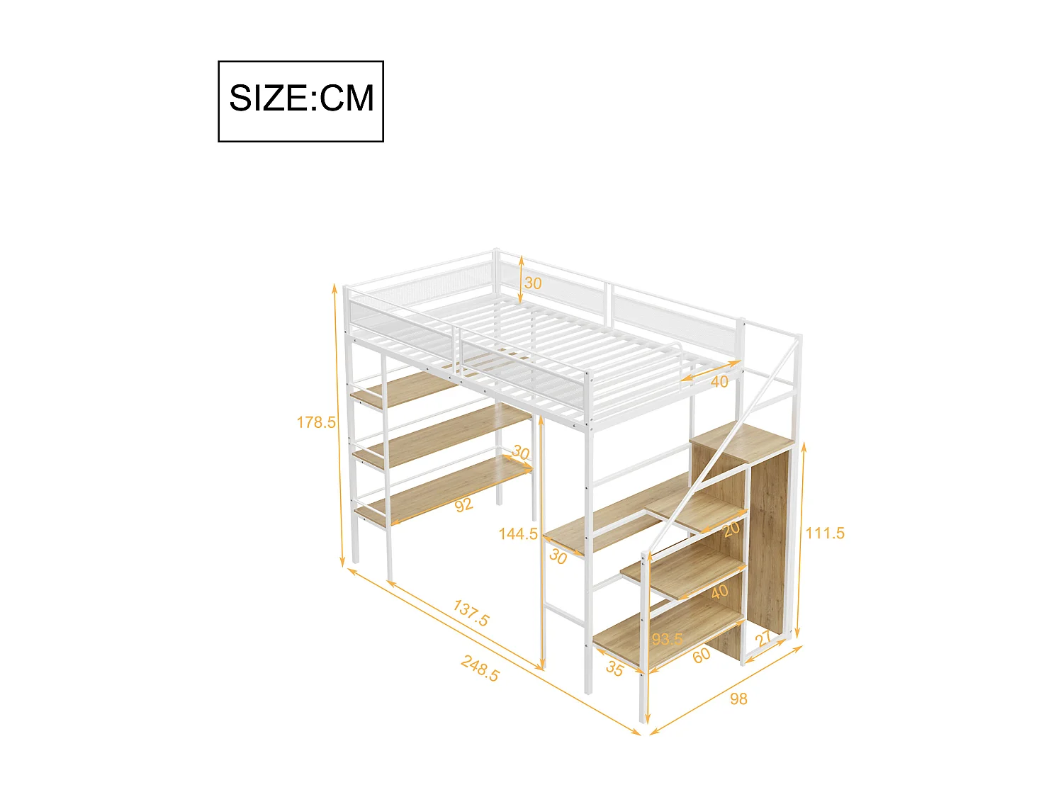 Lit d'enfant 90*200 cm, trois étagères de rangement, bureau, armoire, avec marchepieds de sécurité, barrière haute, blanc