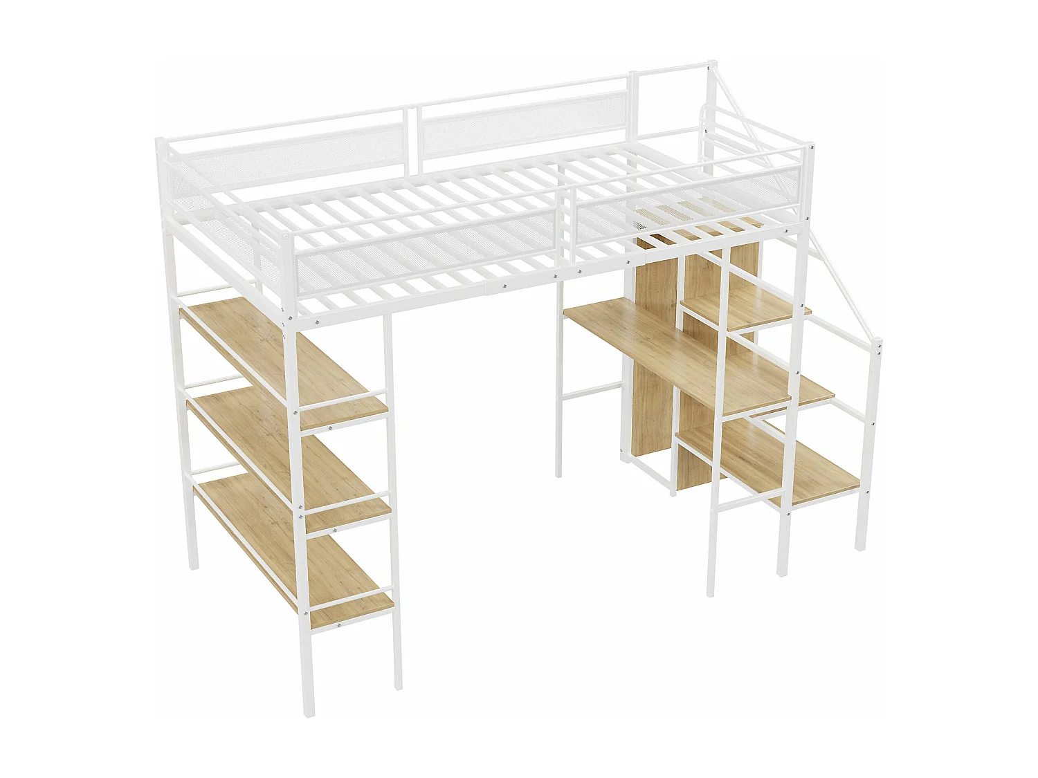 Lit d'enfant 90*200 cm, trois étagères de rangement, bureau, armoire, avec marchepieds de sécurité, barrière haute, blanc