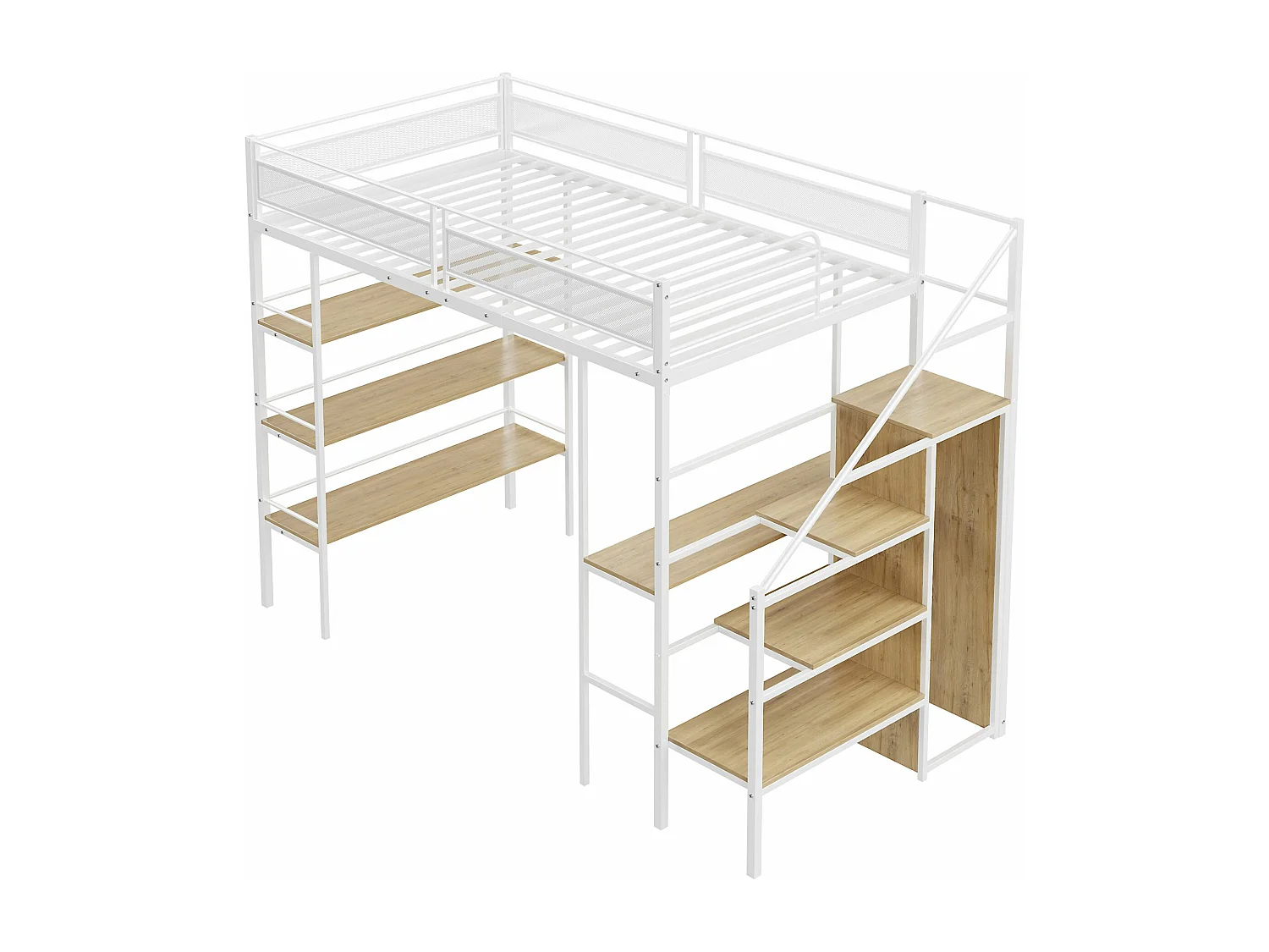 Lit d'enfant 90*200 cm, trois étagères de rangement, bureau, armoire, avec marchepieds de sécurité, barrière haute, blanc