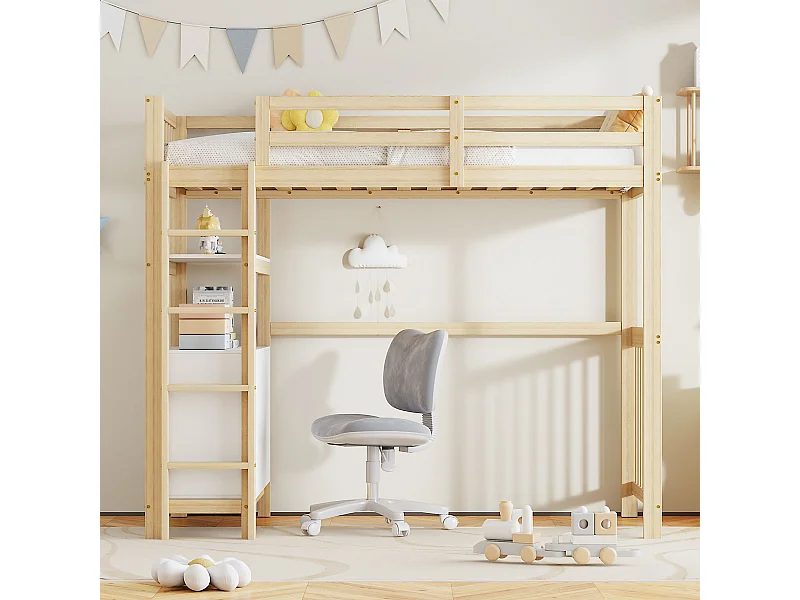 Lit superposé pour enfants 90*200 cm, échelle de sécurité verticale, tiroirs et étagères, high fence design, bois + blanc