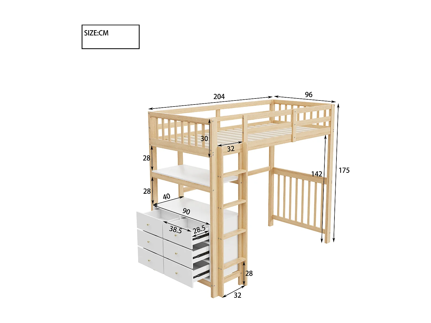 Lit superposé pour enfants 90*200 cm, échelle de sécurité verticale, tiroirs et étagères, high fence design, bois + blanc