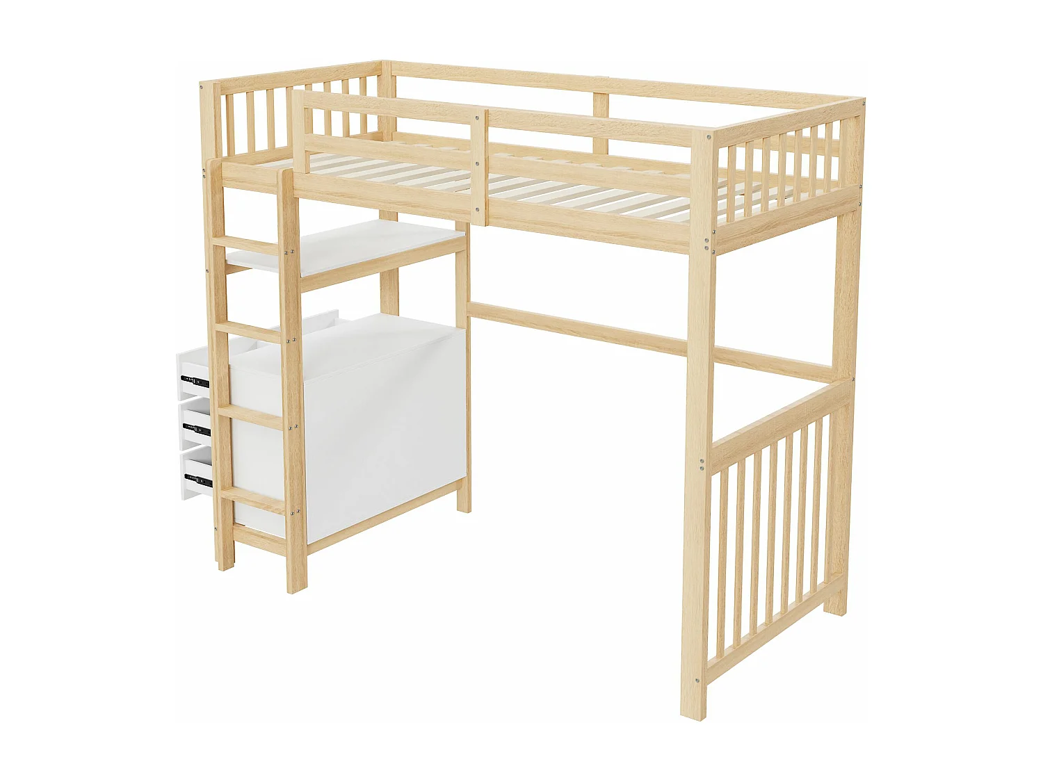 Lit superposé pour enfants 90*200 cm, échelle de sécurité verticale, tiroirs et étagères, high fence design, bois + blanc