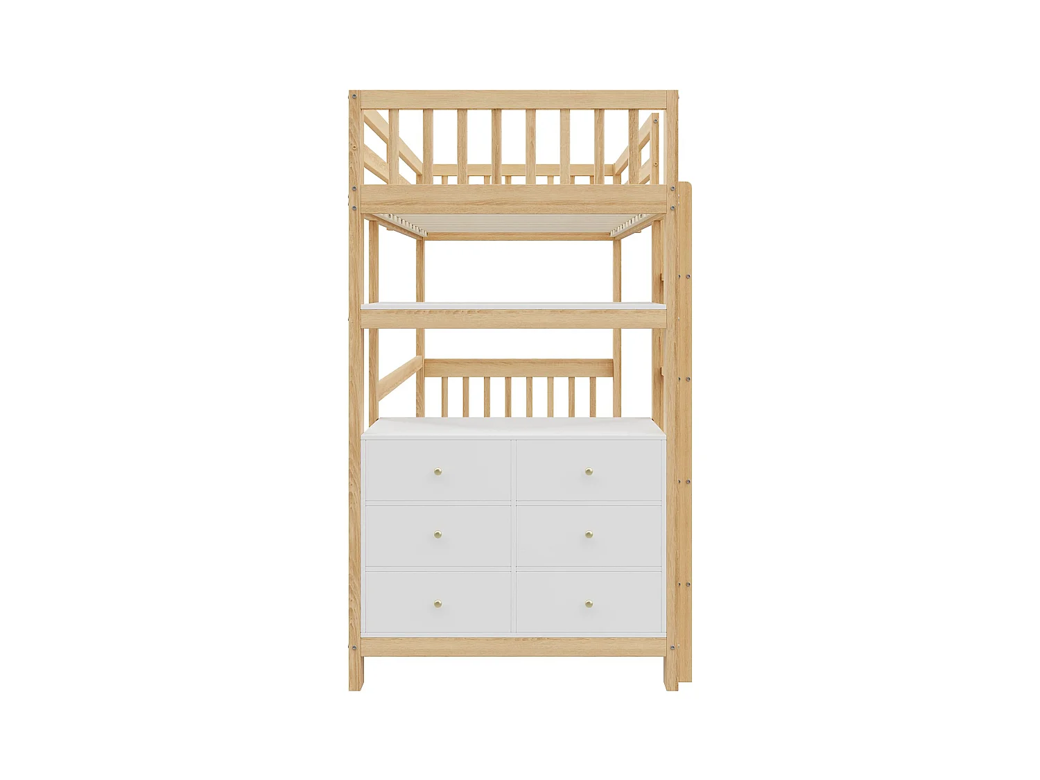 Lit superposé pour enfants 90*200 cm, échelle de sécurité verticale, tiroirs et étagères, high fence design, bois + blanc