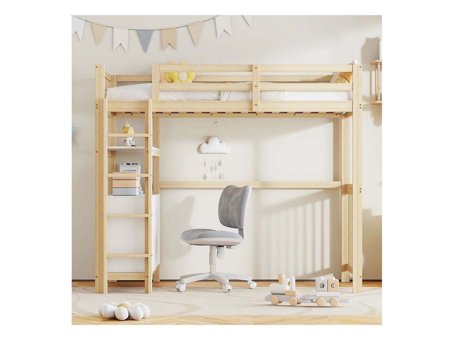 Kinderstapelbed 90*200 cm, verticale veiligheidsladder, laden en planken, hoog hekdesign, hout + wit